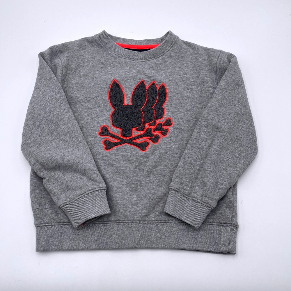 Psycho Bunny Kids Gray Crewneck Sweatshirt Bunny Skull Crossbones Logo S XS TP